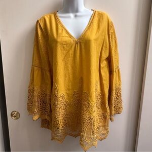Golden Yellow Lace Trim V-Neck Women's Top